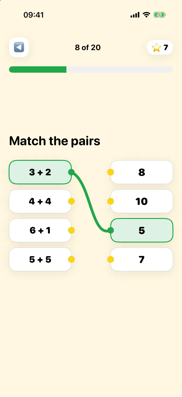 A matching game in Geni: match each sum to its answer
